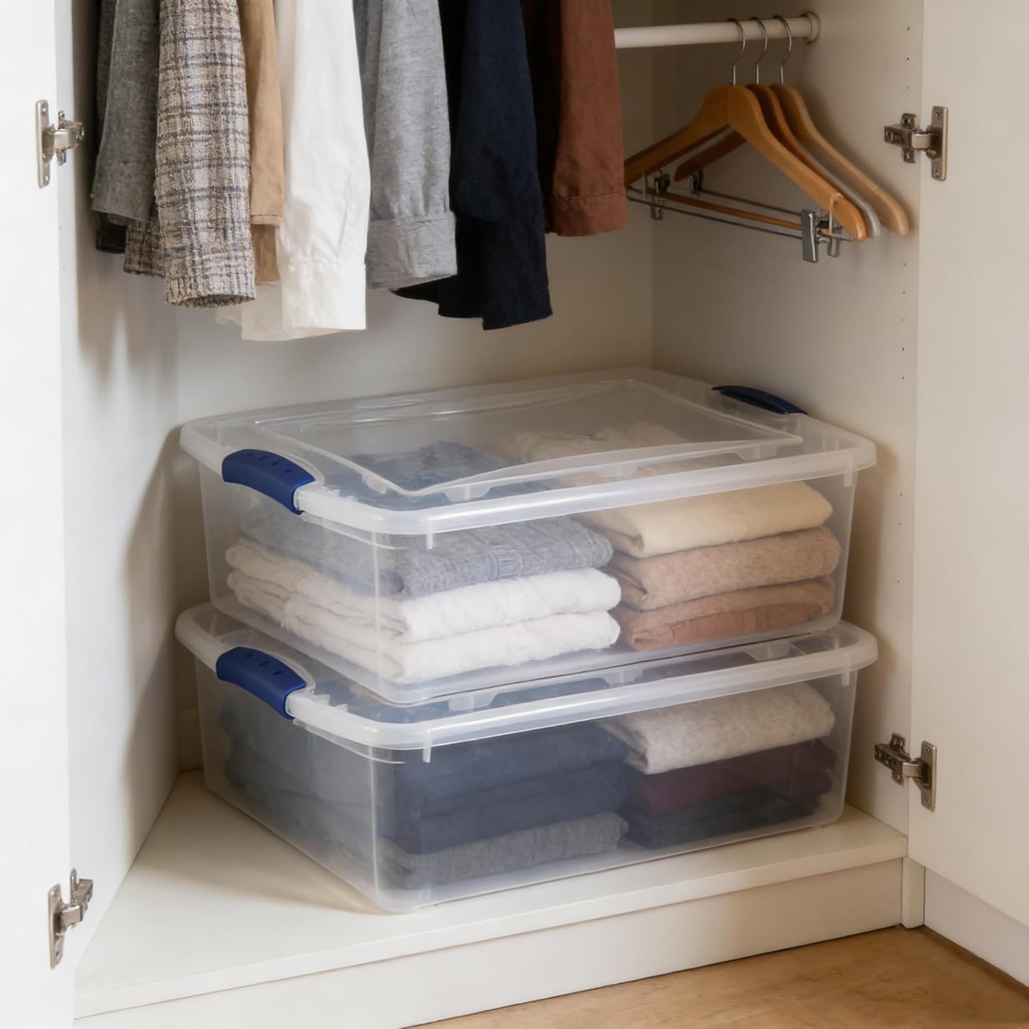 Sterilite 32 Quart Clear Plastic Storage Bins - Stackable Underbed Containers with Lids & Blue Latches