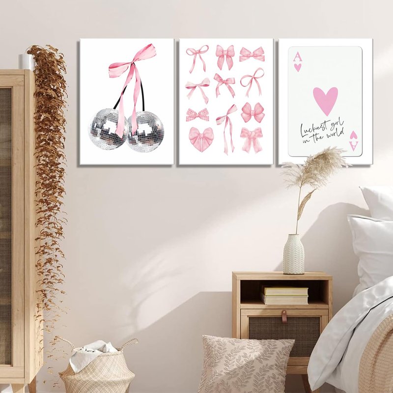 Pink Bows Wall Art Set of 3, Preppy Coquette Wall Decor, Trendy Disco Ball and Lucky Card Poster Canvas Prints for Teen Girl Apartment Bedroom Living Room Aesthetic 16x24 inch Framed