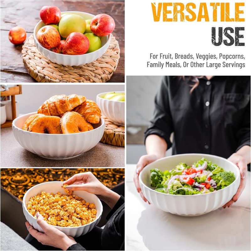 White Serving Bowls For Entertaining (7.8 inch) - Medium Sized Salad Bowls, Ceramic Serving Dishes, Large Bowl, Serving Bowl Set For Fruit Soup Pasta, Salad Serving Bowl, Big Dishes For Eating