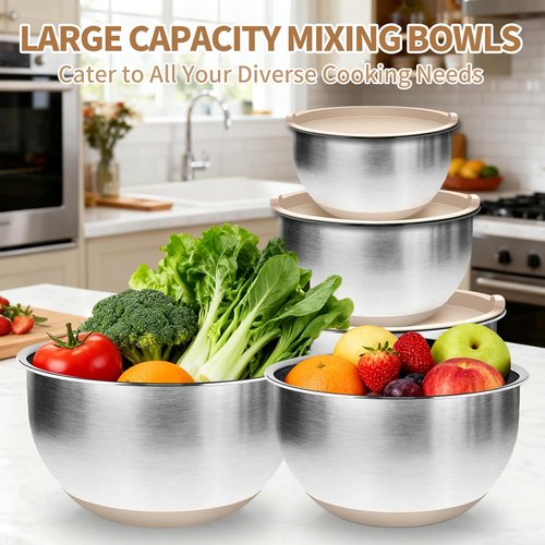 Deedro Premium Mixing Bowls Set - 22 Pcs Stainless Steel with Airtight Lids | Non-Slip Silicone Base, Khaki