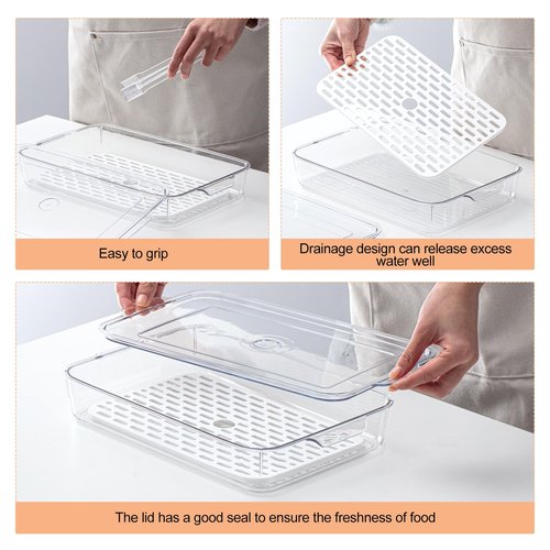 FillTouch 2 Pcs Bacon Storage Container for Refrigerator with Tong, Bacon Deli Meat Storage Container with Perforated Tray for Freshness, Clear Plastic Meat Saver for Fridge Food