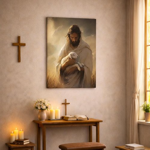 Jesus Holding Lamb Framed Canvas Wall Art - Christian Good Shepherd Painting for Home & Church | 12x16 Inch Ready to Hang
