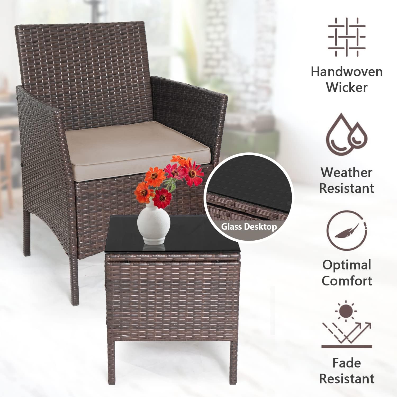 Skiennix 3-Piece Outdoor Wicker Bistro Set - Stylish Patio Furniture with 2 Chairs & Coffee Table