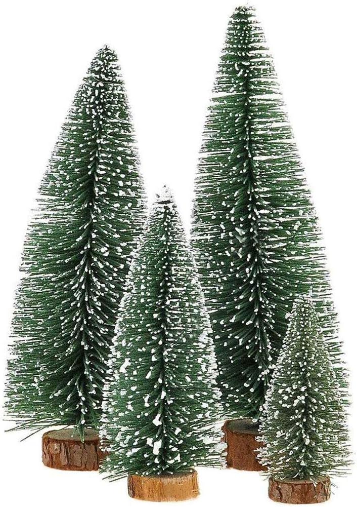 Skiennix Mini Christmas Tree - Small Pine Tabletop Decor with Wooden Bases | Green - Set of 4