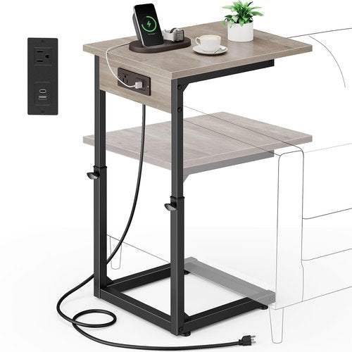 Vagusicc C Shaped End Table with Charging Station, Adjustable Height Side Table for Couch, C Table End Table Couch Table That Slide Under, Sofa Table TV Tray Arm Tables for Living Room, Bedroom, Gray