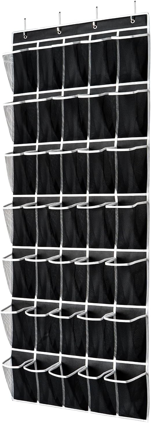 SAVERHO Over The Door Shoe Organizer - 35 Pocket Hanging Storage Bag with 4 Metal Hooks | Black