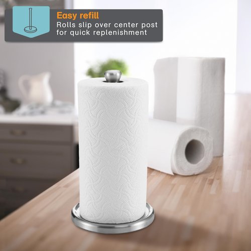 Polder Single-Tear Paper Towel Holder, Kitchen Organization and Storage, Stainless Steel Paper Towel Holder, Fits Standard and Jumbo-Sized Paper Towel Rolls, 12.6" H x 7.1" Dia.