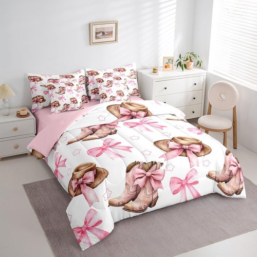 Feelyou Kids Pink Bow Twin Bed in a Bag 7 Pieces Boys Girls Cowboy Boots Comforter Set with Sheets Western Cowgirl Bedding Sets with Comforter, Pillowcases, Flat Sheet, Fitted Sheet and Cushion Cover