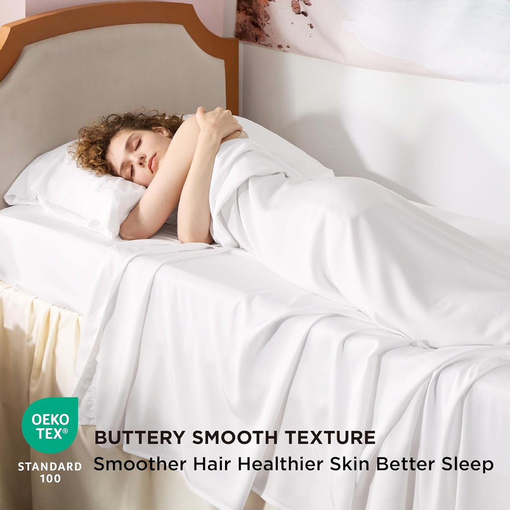 Bedsure Cooling Sheets - Twin XL Bamboo Rayon, Breathable & Soft, Deep Pocket Up to 16 Inches, White