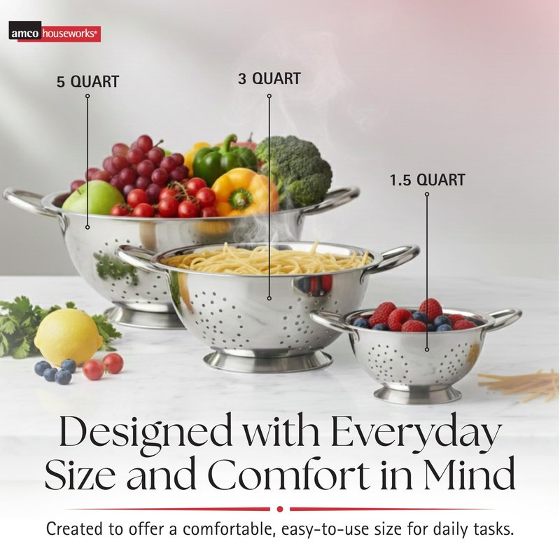 Amco 3-Piece Stainless Steel Colander Set - Multiple Sizes - 1.5, 3, 5 Quart - Durable, Professional Grade Design with Handles for Easy Transfer - Ideal Kitchen Strainer for Cooking & Washing