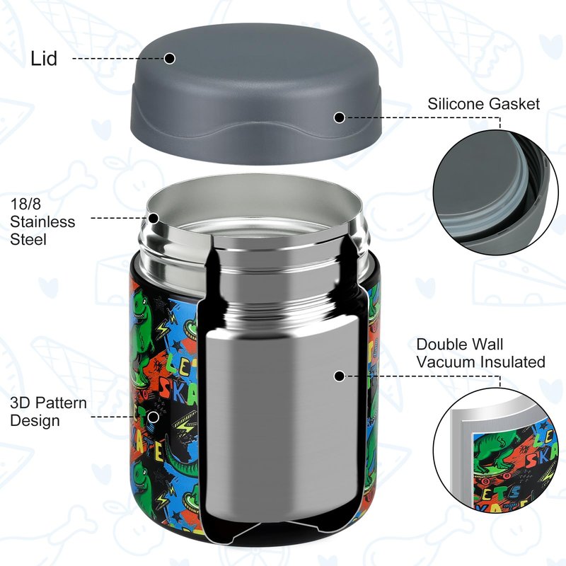 wiwens 12oz Soup Thermo for Hot Food Kids Insulated Food Jar Wide Mouth Lunch Container Leak Proof Stainless Steel Vacuum Bento Box for School Office Travel Outdoors Black-Dinosaur