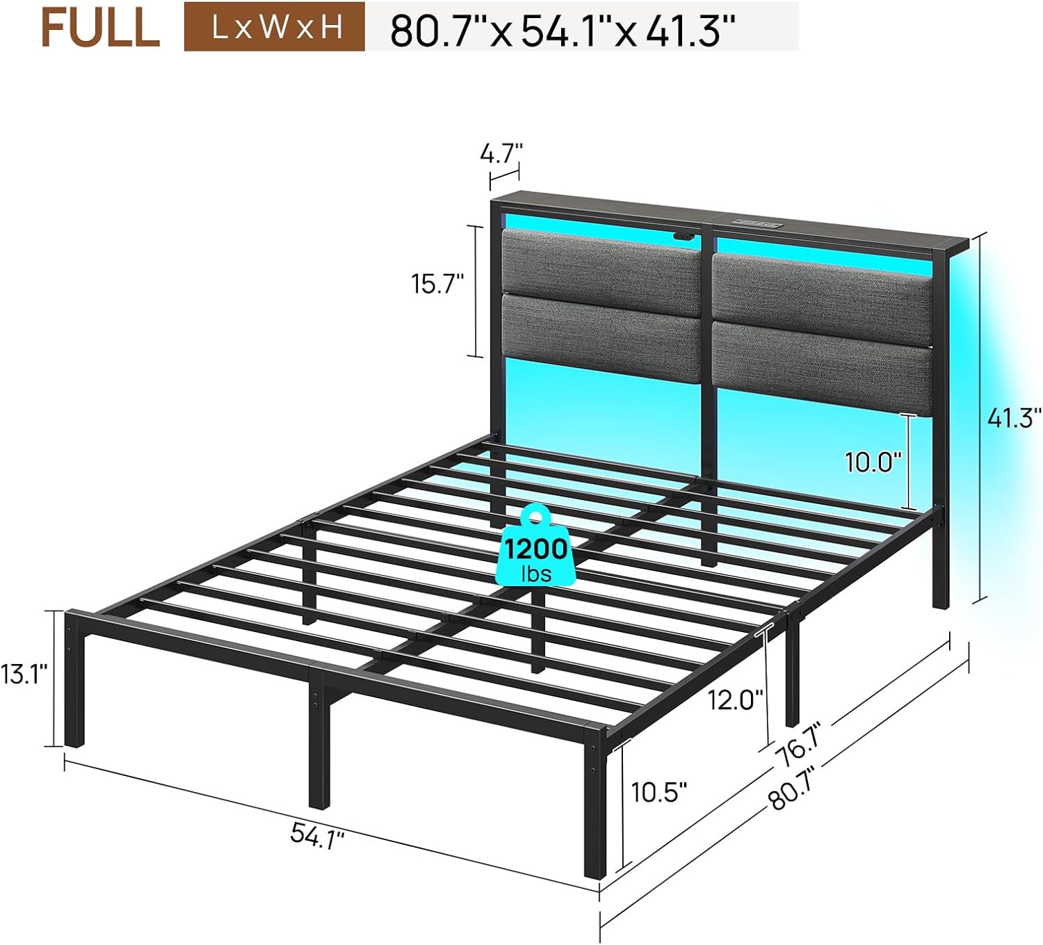 Rolanstar Full Size Bed Frame - LED Upholstered Storage Headboard with Charging Station | Grey, Noise-Free Design
