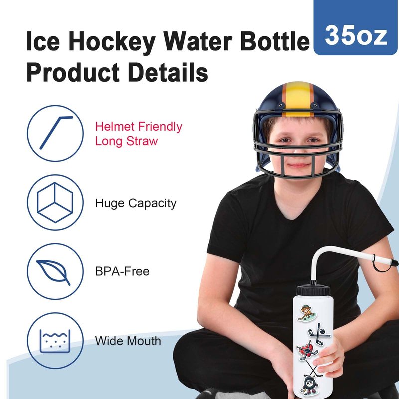 RhythmFit Hockey Gifts,2 Pack Hockey Water Bottle with Long Straw and 100PCS Stickers Accessories Stuff for Boys Men Player Lovers (1L,Squeeze,BPA-Free)