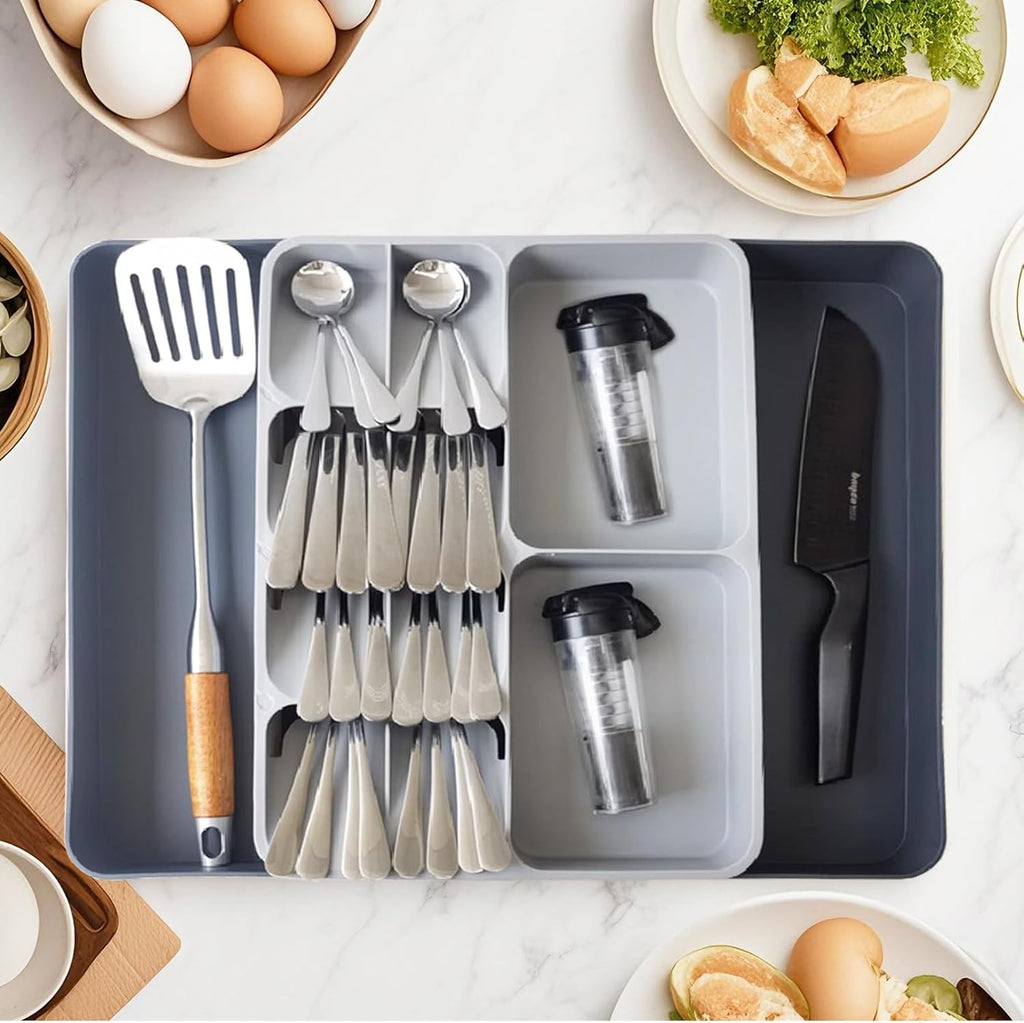 Silverware Organizer - Expandable Cutlery Drawer Tray | Adjustable Plastic Utensil Holder for Home & Kitchen - Large Grey