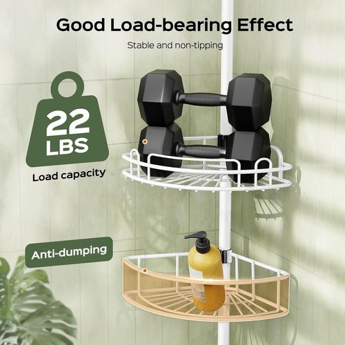 HAMITOR Corner Shower Caddy Tension Pole - Rustproof Bathroom Organizer for Shampoo & Accessories | 47-121 Inch - White