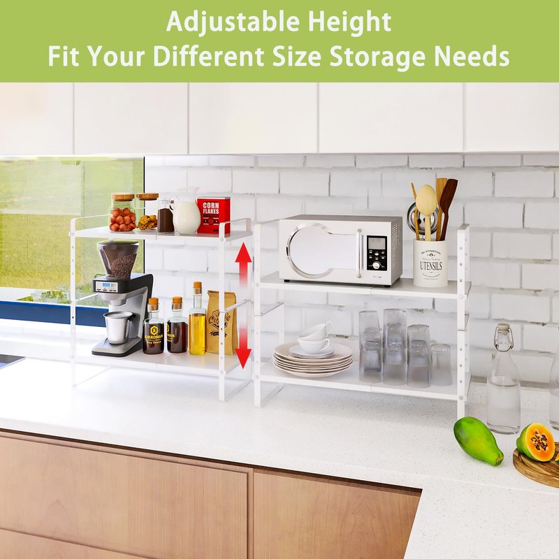 Across-Star Expandable Cabinet Shelf Organizer Rack, Stackable Kitchen Counter Storage Shelves Stand, Adjustable Height Pantry Shelf Spice Rack (White, 1 Pack)