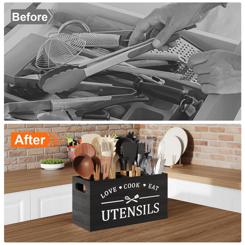 Extra Large Utensil Holder for Kitchen Counter with 4 Compartments, Kitchen Cooking Utensils Holder for Countertop,Black Wooden Utensil Caddy for Farmhouse Spatula,Cutlery,Wood Wall Mounted Organizer