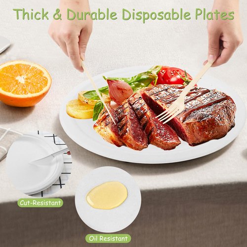 Diihossbox 150 Piece (25 Sets) Biodegradable Paper Plates Set Disposable Heavy-Duty Eco Friendly Dinnerware Set,Include Plates,Forks,Knives,Spoons,Napkins for Birthday Camping Party Picnic BBQ