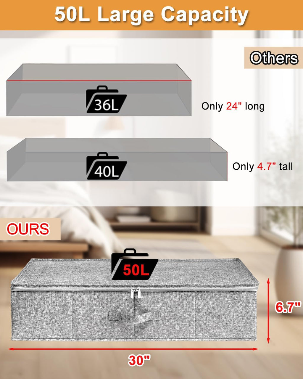 Under Bed Storage | 2-Pack Foldable Container Bags with Lid - Sturdy Clothes Organizer, 30x15x6.7 Inch, Grey