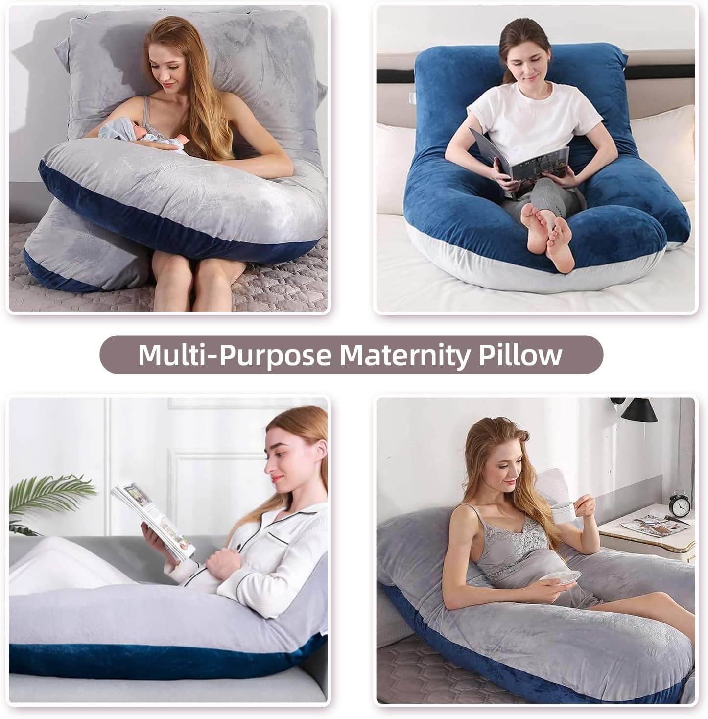 Skiennix 60-Inch Full Body Pregnancy Pillow - Cooling U-Shaped Maternity Support with Washable Velvet Cover | Light Grey & Blue