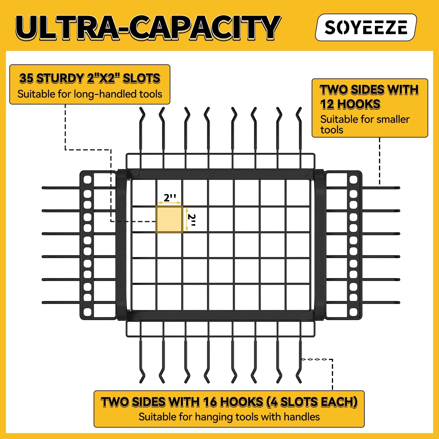SOYEEZE Garden Tool Organizer - Heavy Duty 3-Tier Tool Rack with Lockable Wheels | Holds 35 Tools