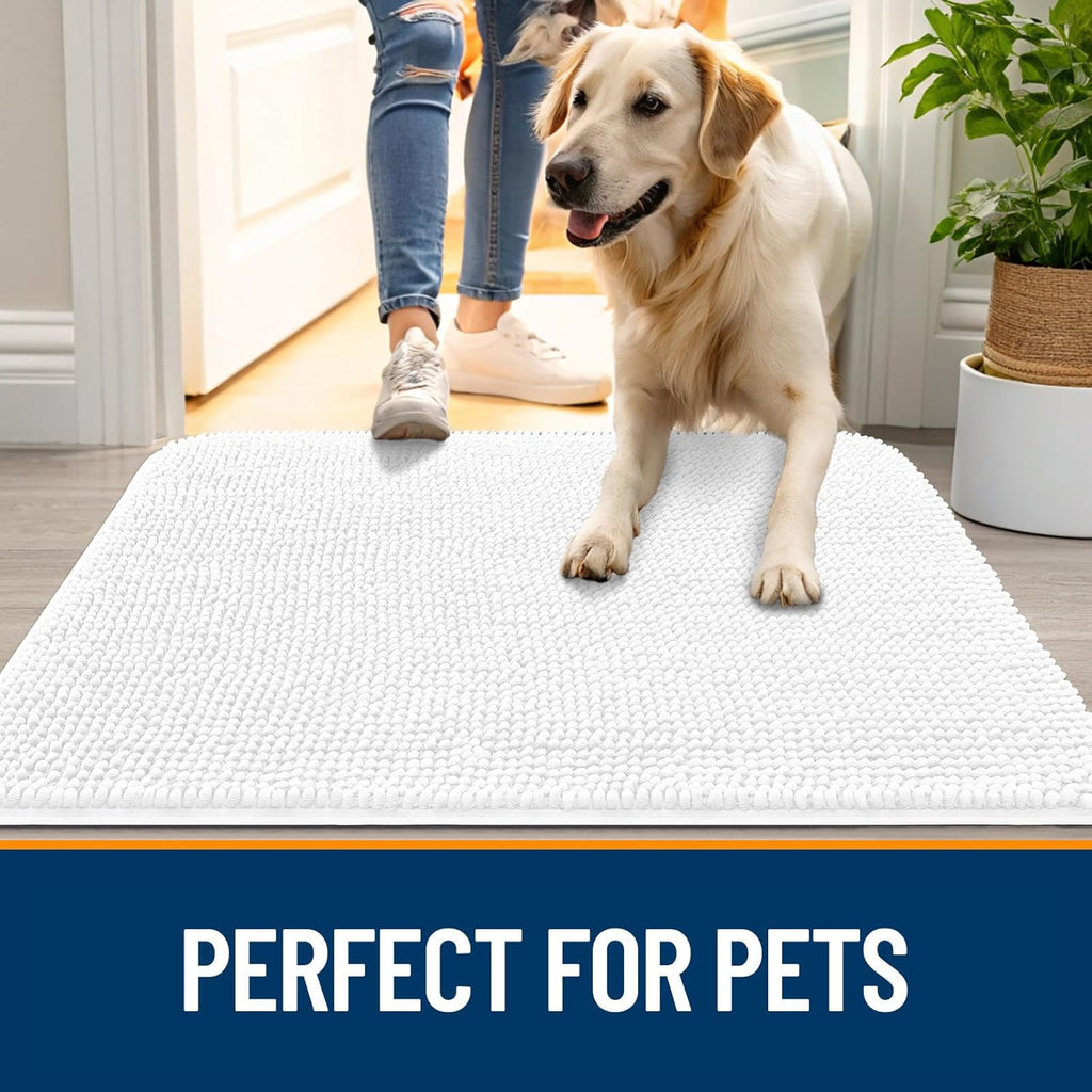 OLANLY Dog Door Mat - Absorbent Non-Slip Chenille Mat for Muddy Paws | 44x24 Inches, Quick Dry, White