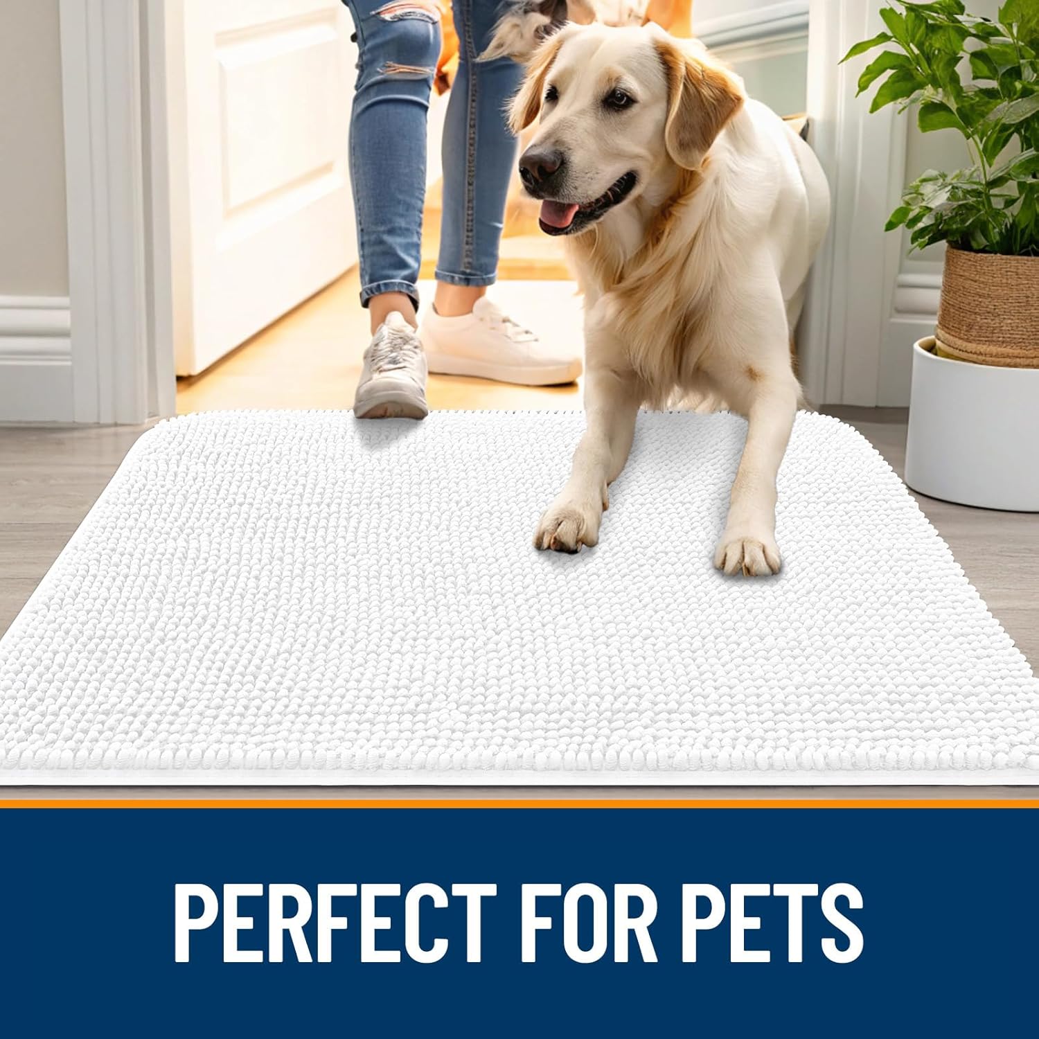 OLANLY Dog Door Mat - Absorbent Non-Slip Chenille Mat for Muddy Paws | 44x24 Inches, Quick Dry, White