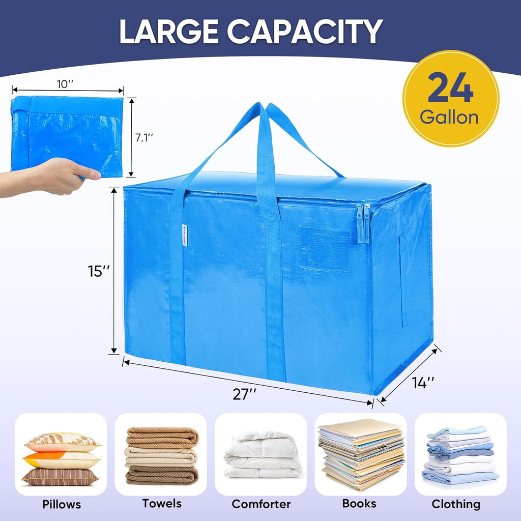 TICONN Extra Large Heavy-Duty Moving Bags - Durable Storage with Zippers & Handles | 6 Pack, Sky Blue