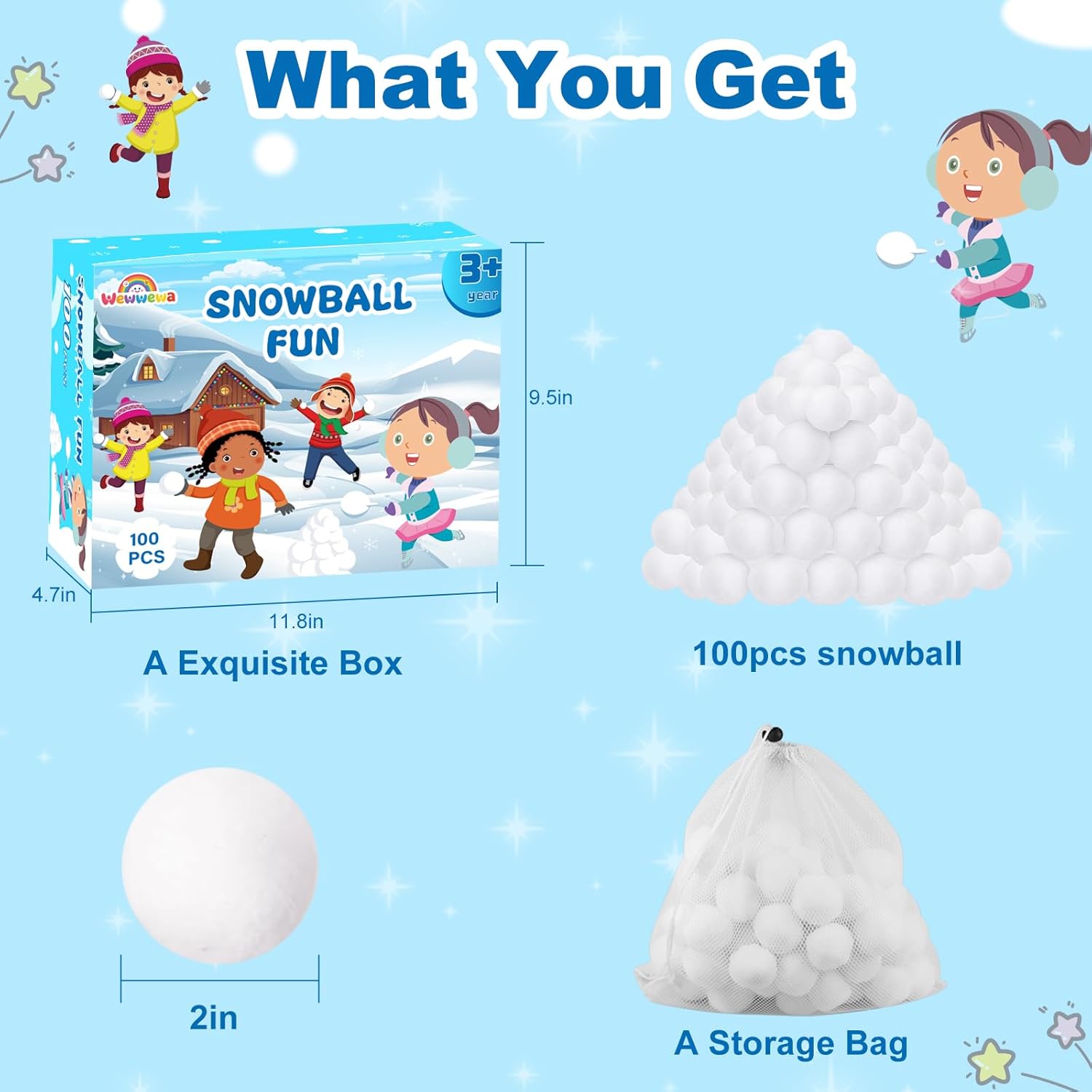Skiennix 100 Pcs Fake Snowballs Set - Soft Artificial Snow Balls with Drawstring Bag for Indoor/Outdoor Fun