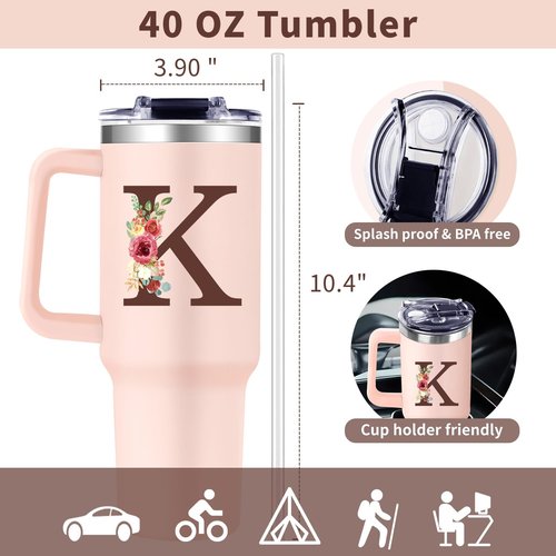Gooddooes Monogrammed 40oz Tumbler with Handle for Women, Personalized Birthday Gifts for Women,Initial Cups for Woman Floral Letter K,Customized Gifts for Female Lady Gift for Mothers Day Christmas