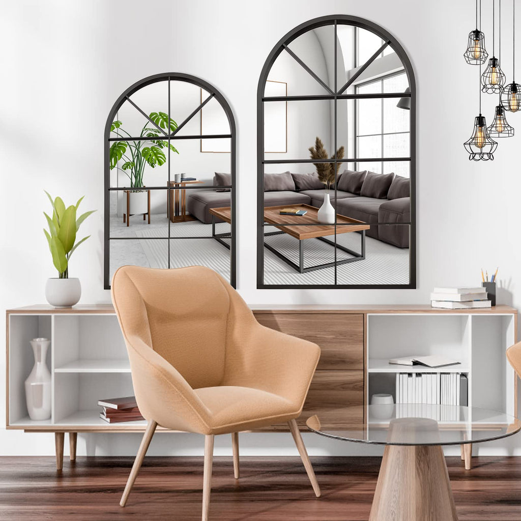 ironsmithn Arched Mirror, Windowpane Mirror, 31.5"x19.7" Window Finished Metal Mirrors, Black Grid Mirrors for Decor Living Room Fireplace Entryway Bedroom Hallway