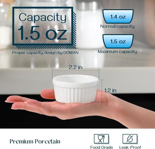 DOWAN Dipping Bowls - 1.5 Oz Mini Ramekins | Microwave & Oven Safe Set of 6 Soft White Condiment Cups