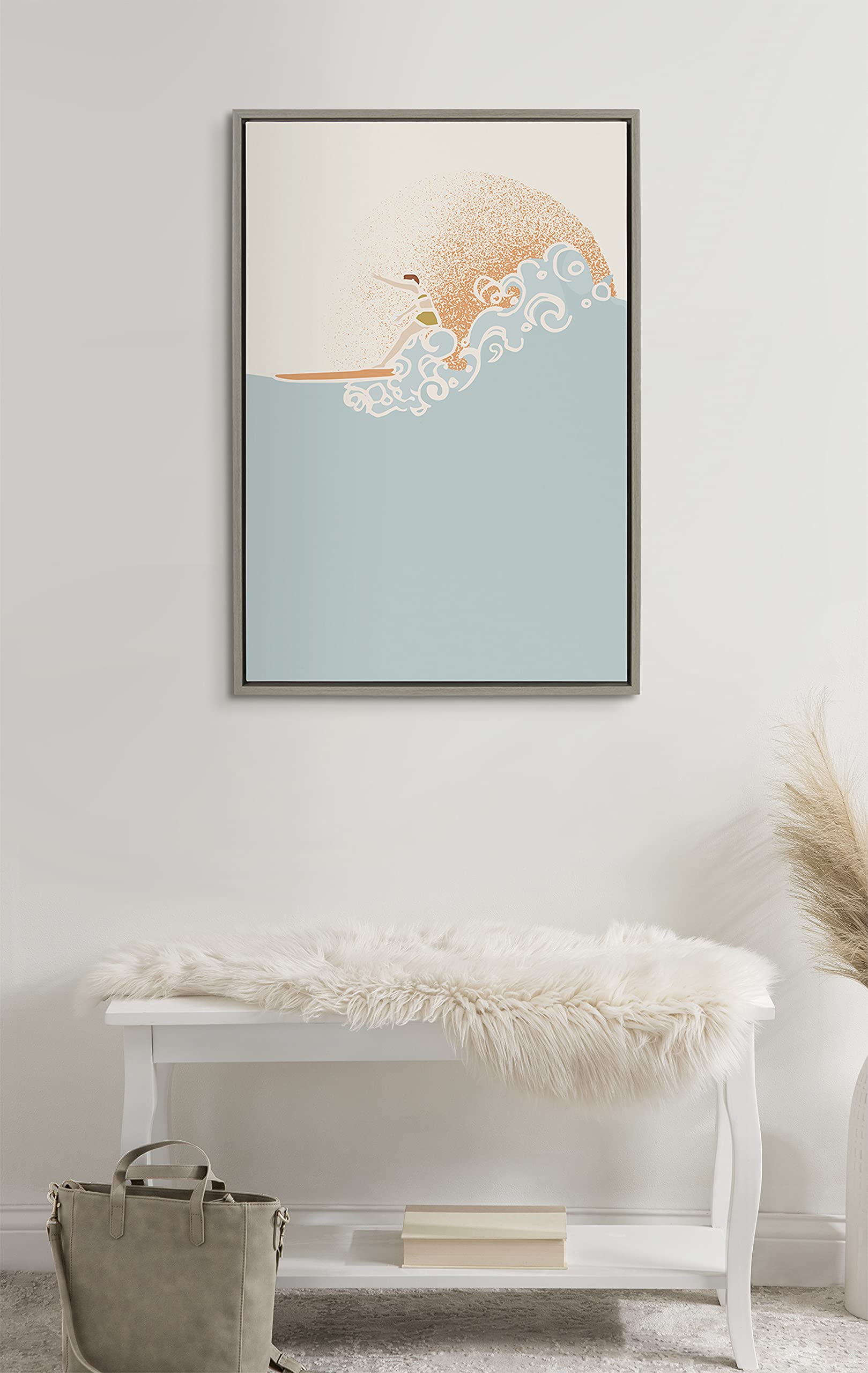 Kate and Laurel Sylvie Sea Breeze Surfer Girl Framed Canvas Wall Art by Hannah Beisang, 23x33 Gray. Decorative Beach Art for Wall