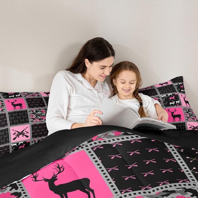 Feelyou Twin Size Cute Deer Bedding Set Boys Girls Deer Hunting Camo Comforter Set for Kids Women Men Ultra Soft Antlers Western Farmhouse Comforter Pink Black Duvet Set Room Decor Quilt Set