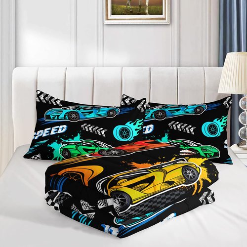 Hosima Child's Cartoon Sports Car 3Piece Set with 2 Pillowcases, Racing Car Bedding for Boys and Girls, Fast and Furious Extreme Sport Games Comforter, Black Comforter Full Size