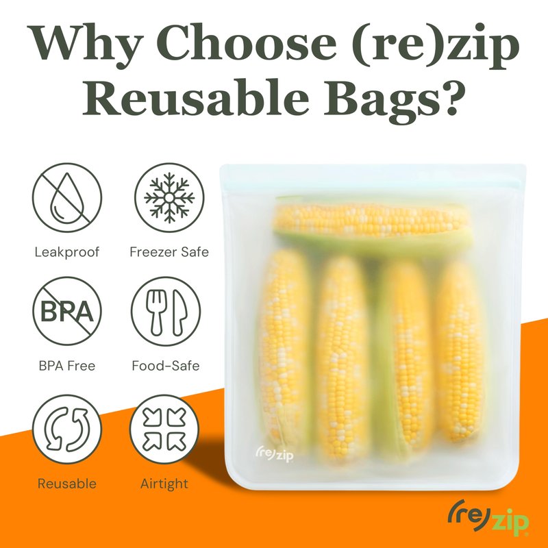 (re) zip 4-Piece Reusable Lunch & Leftovers Food Storage Bags – Leakproof, Airtight, BPA-Free, Food-Safe PEVA – Freezer Safe & Travel Friendly – Includes 1 Gallon, 2 Sandwich & 1 Snack Bag