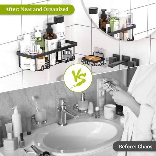 Adhesive Shower Caddy | 5 Pack Rustproof Stainless Steel Bathroom Organizers - Large Capacity, No Drilling, Black