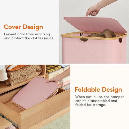 Lifewit 150L Laundry Basket - Foldable Hamper with Lid & Bamboo Handles | Pink, Large Capacity