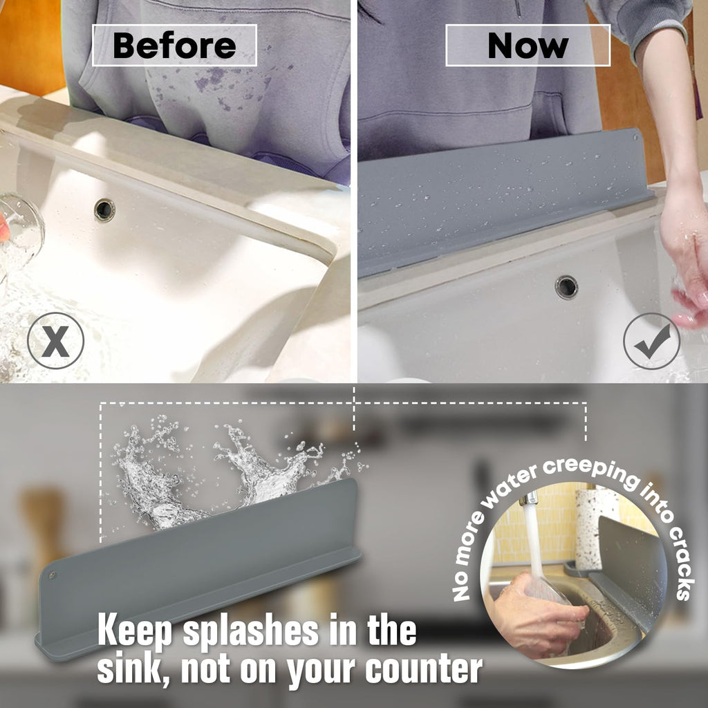 Sink Water Splash Guard - Silicone Sink Splash Guard with 5 Strong Suction Cups, Non-Slip Design for Maximum Stability. (17.32 x 2.2 x 3.94") + Silicone Soap Tray (Light gray)
