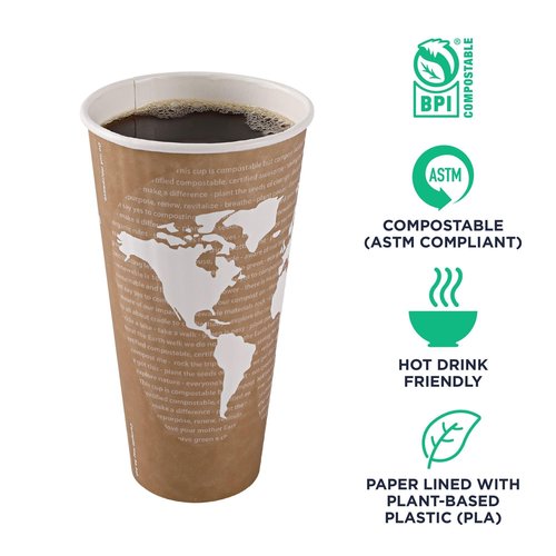 ECO PRODUCTS Compostable Disposable Insulated World Art 20oz Large Coffee Cups, Pack of 40, Renewable Double-wall Hot Paper Cup, Plant Based PLA Lining, No Sleeves Needed, Lid Available, Color Coded