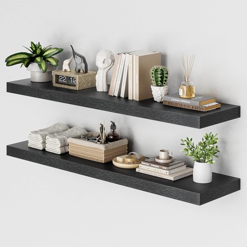 Heimlove Floating Shelves - 48"W x 12"D Black Wood Wall Shelves | Set of 2 for Home & Office