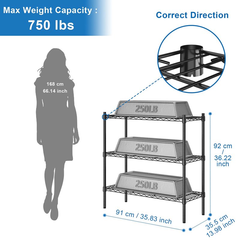 Auslar 3-Shelf Storage Wire Shelves Heavy Duty 3 Tiers Standing Shelving Units Adjustable Metal Organizer Wire Rack, Black