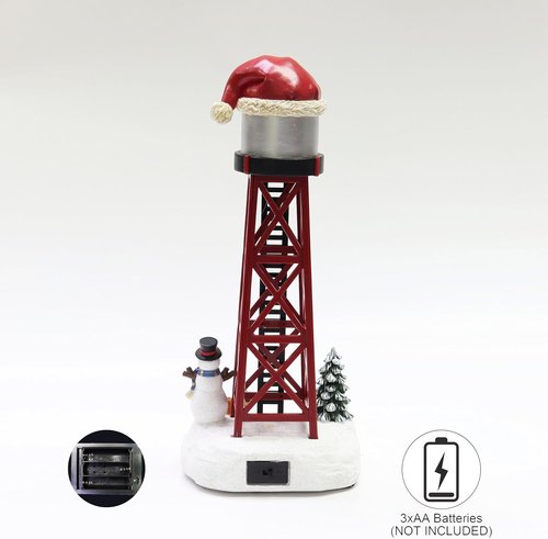 Moments In Time Water Tower Christmas Village - 12” LED Holiday Tabletop Decor with Santa Hat & Snowman