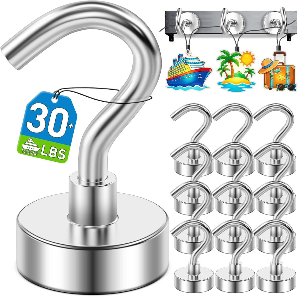 Skiennix 12 Pack Magnetic Hooks - Heavy Duty 30lbs+ Metal Hooks for Kitchen, Fridge & Classroom | Perfect for Cruise Cabins & Beach Vacations