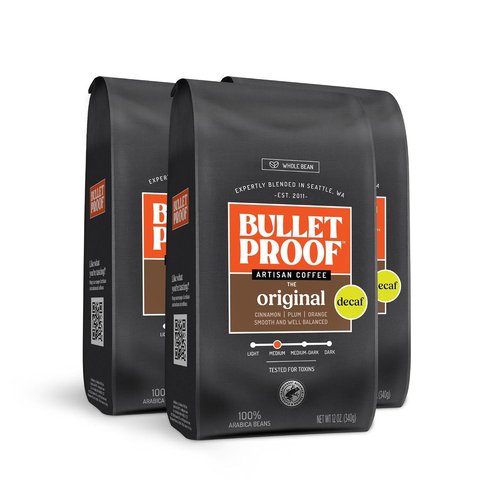 Bulletproof Original Decaf Coffee - Medium Roast Whole Bean, 12 Ounces (Pack of 3) | 100% Arabica Blend