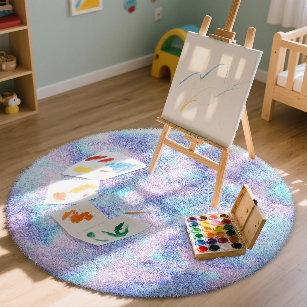 OLANLY Round Purple Rainbow Rug - Soft, Fluffy Shaggy Carpet for Bedroom | 4x4 Feet Machine Washable Area Rug