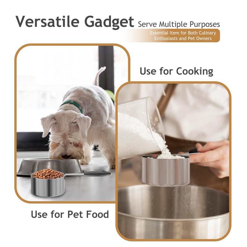 LEIFENY 2PCS 1CUP(237ml) Dog Cat Food Scoop, Stainless Steel Measuring Cup, Metal Pet Scooper with Inner Precision Scale Measurement
