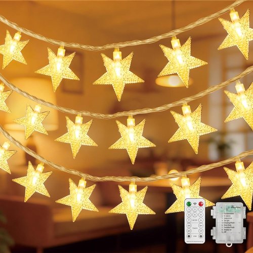 LAMPHOME Star LED String Lights - 16ft Warm White Fairy Lights with Remote & 8 Modes for Decor