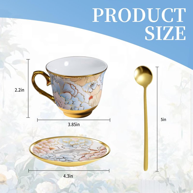 8 OZ Tea Cups and Saucers, 18 PCS Ceramic Vintage Tea Cups Set of 6, Blue Floral Cup Bulk for Cappuccino Coffee Espresso Lattes Afternoon Tea Housewarming Party Supply Thanksgiving Christmas Gifts