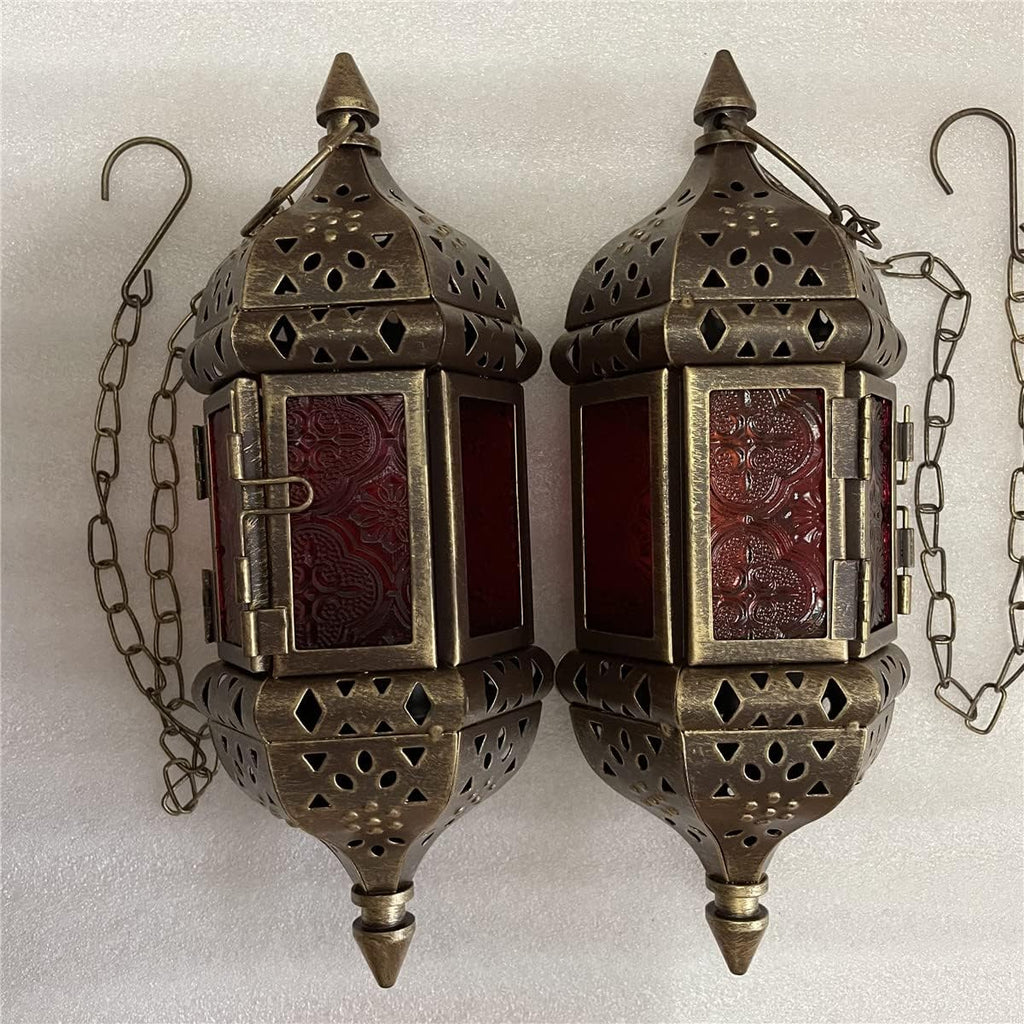 Skiennix Moroccan Candle Lantern Set - Metal Hanging Tealight Holders with Glass | 13.8-Inch Vintage Bronze Gold